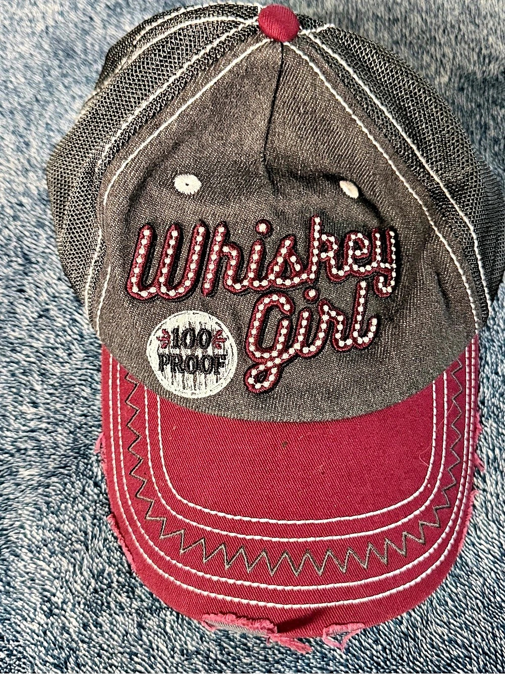 Shyanne Women's Whiskey Girl 100 Proof Embroidered Ball Cap Red & Gray